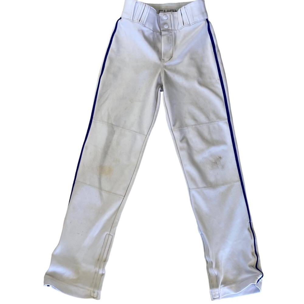 Champro white baseball pants with royal blue piping, adjustable length, size M